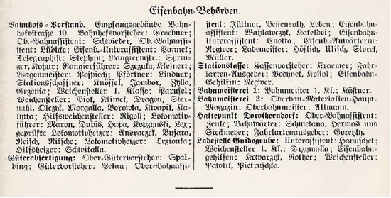 Wycinek z księgi adresowej Zabrza z roku 1912 dotyczący pracowników dworca Zabrze oraz przystanku Dorotheendorf (ulica 3-go maja) i punktu załadunkowego Guidogrube (kopalnia Guido) z wymienieniem funkcji i nazwisk